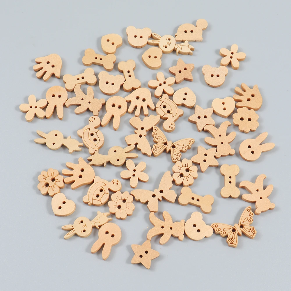 

50Pcs 2 Holes Natural Color Butterfly Animal Flower Wooden Buttons for Needlework Craft Scrapbooking DIY Sewing Accessories