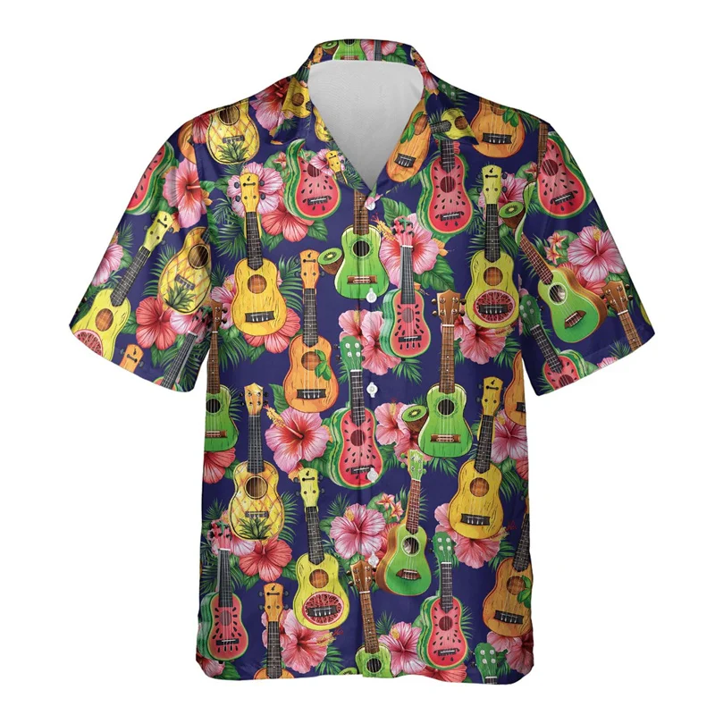 thumbnail image 1 of Camisa hawaiana con estampado 3D de ukelele para hombre, camisas hawaianas con patrón de instrumento musical, blusas holgadas de verano, blusas con solapa de calle, 1 of 5