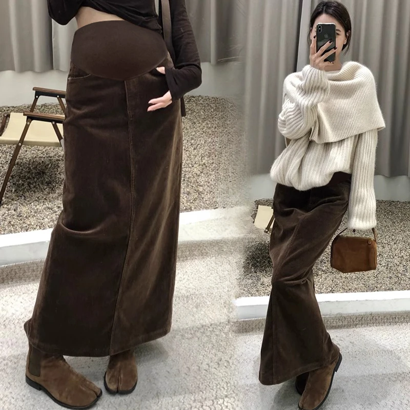 Good Quality Maternity Corduroy Skirt Thick Warm Back Split Pregnant Woman Long Belly Skirts Vintage Pregnancy Straight Skirts
