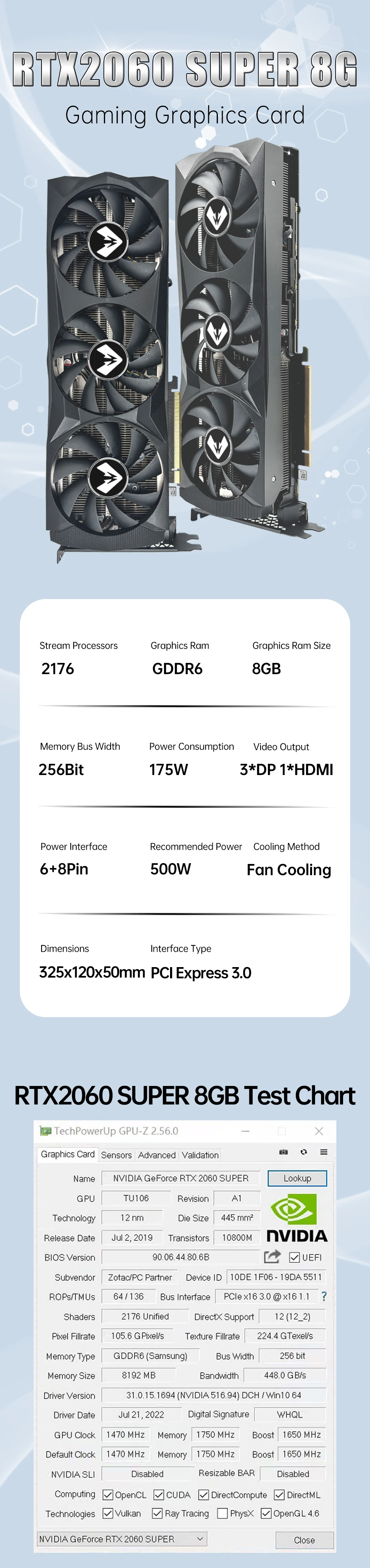 Description Picture 2 of itemMAXSUN RTX2060 SUPER 8G Graphics Cards NVIDIA GeForce GDDR6 PCIE3.0x16 Gaming Video Card for Desktop PC Computer Components