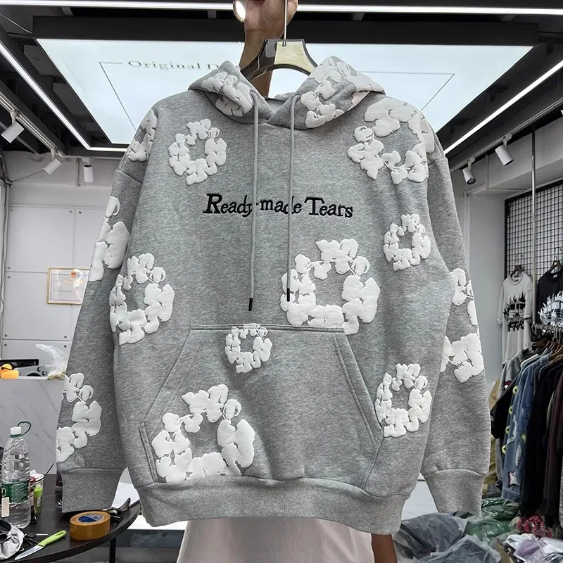 

High Street Oversize Puff Print Vintage Hoodie Men Women Plush Velvet Kapok Heavy Fabric Hooded Pullovers