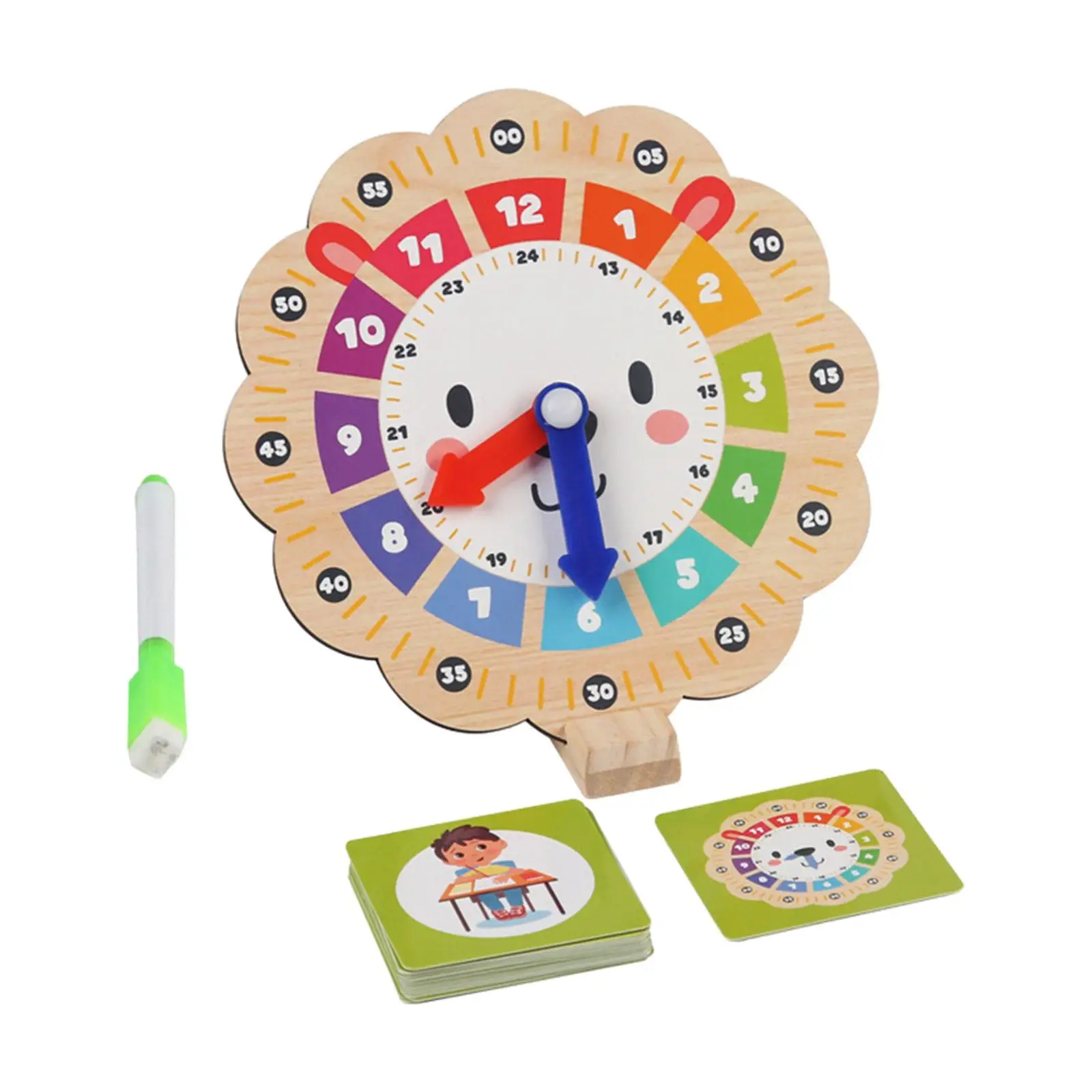 Clock Learning with 20 Cards Wooden Montessori Toy Teaching Clock for Playroom Homeschool Supplies Gifts Boys Girls 3 Year Old