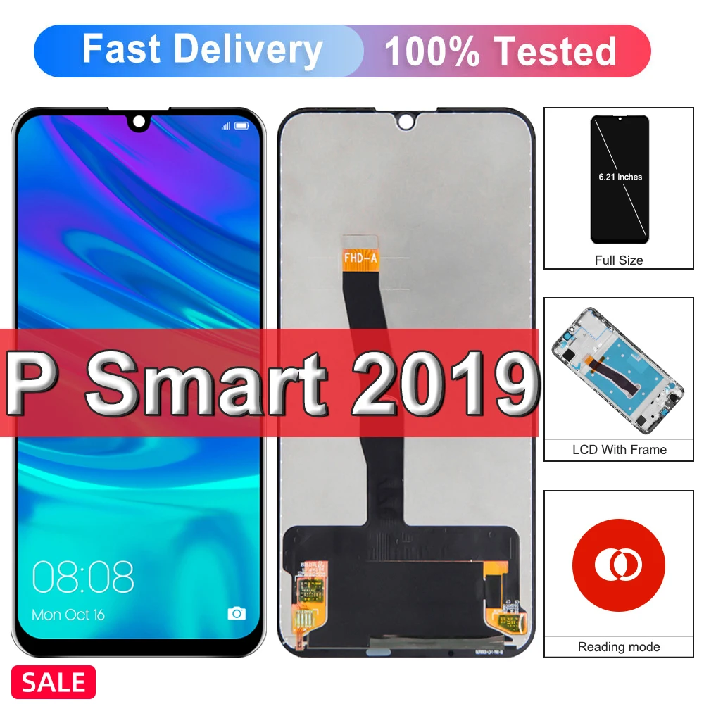 

Дисплей 6,21 дюйма для Huawei P Smart 2019, сменный сенсорный дигитайзер в сборе для Huawei P Smart 2019, зеркальный ЖК-дисплей с рамкой