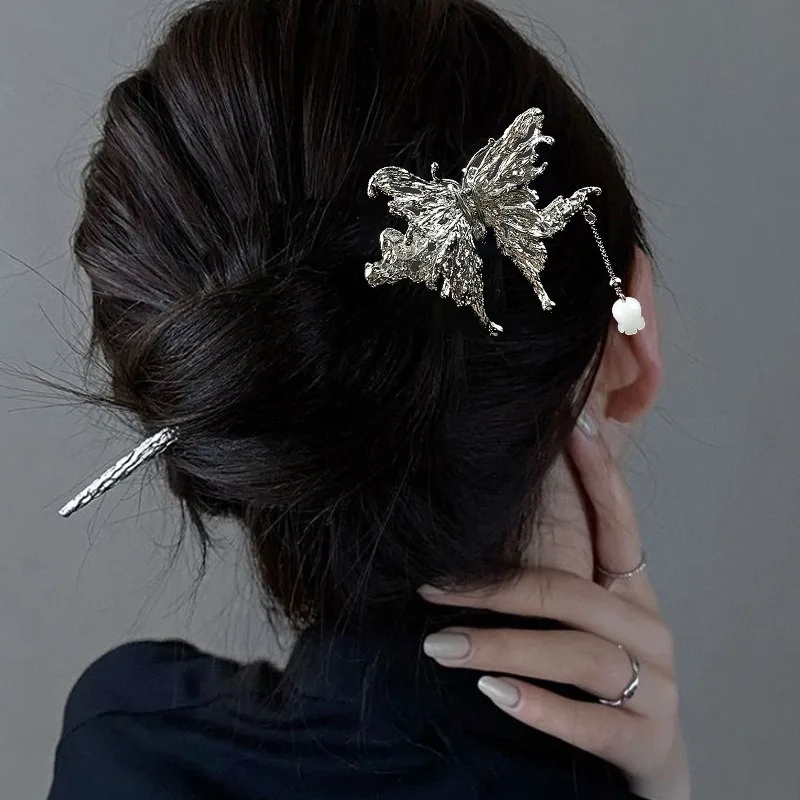 모던 고대 스타일 잉크 앤 워시 나비 바레트, 진주 술 머리핀, 여성 기질 헤어 액세서리, 소녀 쥬얼리