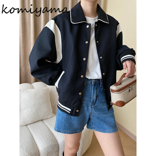 Komiyama-jaqueta xadrez casual solta para mulheres, casacos contrastantes,  lapela, manga comprida, bolsos, outono, nova, 2023 - AliExpress