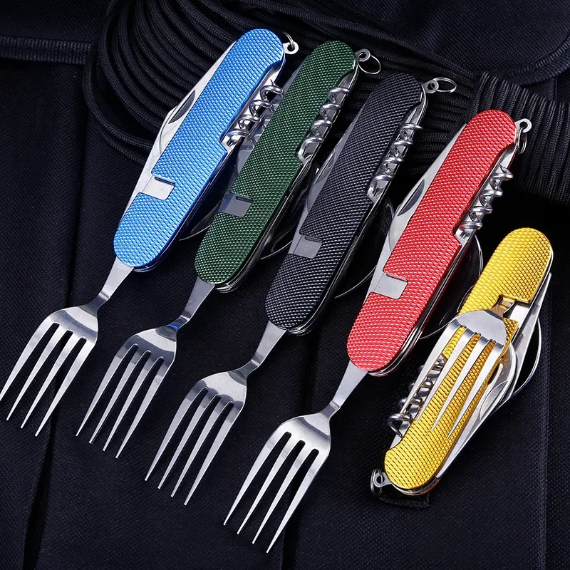 Cubiertos Plegables Camping 6 En 1 - Acero Inoxidable, Azul Y Rojo