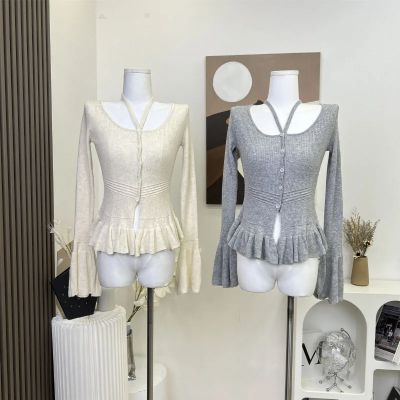 

Модный облегающий и милый свитер, Женский однотонный шикарный свитер с расклешенными рукавами, удобный кардиган с оборками, свитер на осень