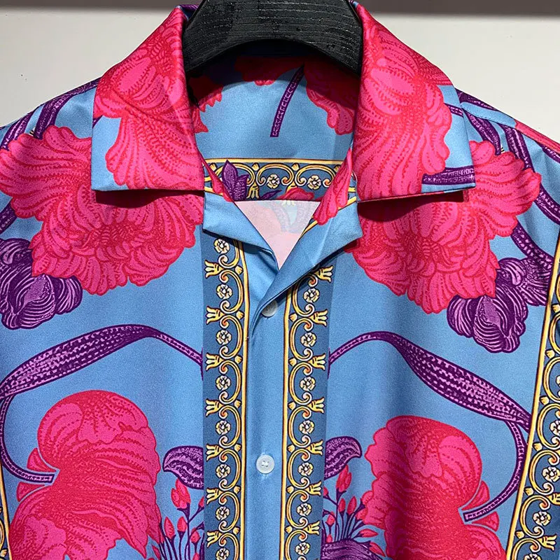 Retro Court Color Contrast Printing Shirt Men Short Sleeve Streetwear Summer Hawaiian Casual Shirt Men High Street Chemise Homme