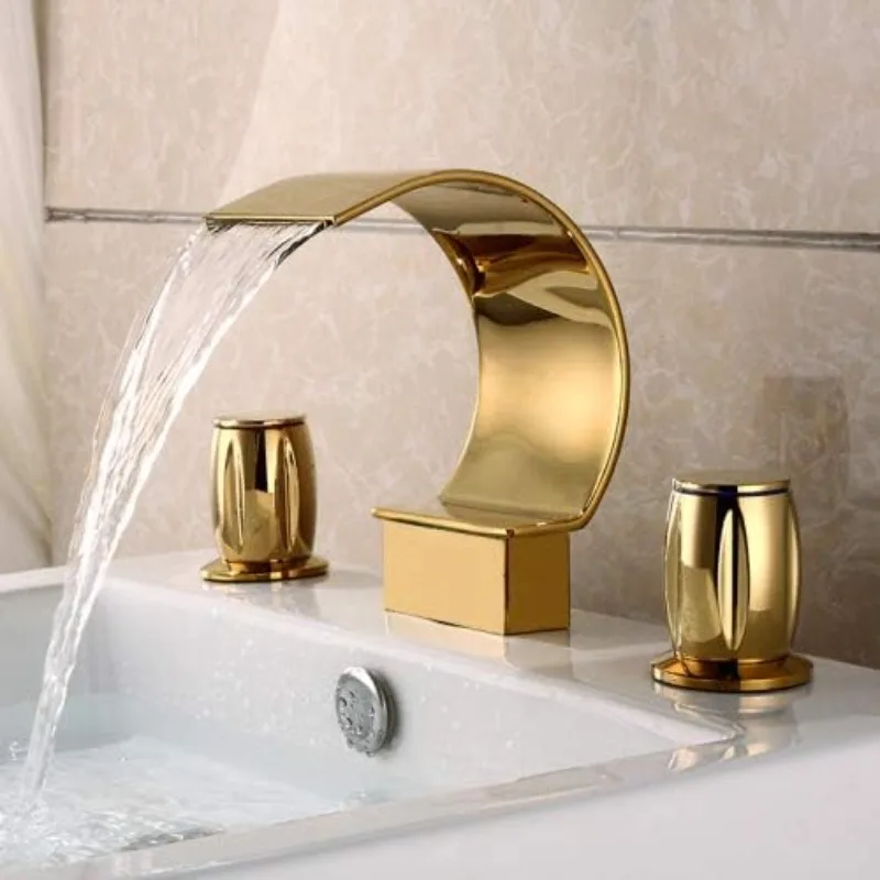 Elegant Waterfall Double Handle Bathroom Sink Faucet Arc Waterfall Spout Bathtub Filler Faucet with Three Holes Widespread 3