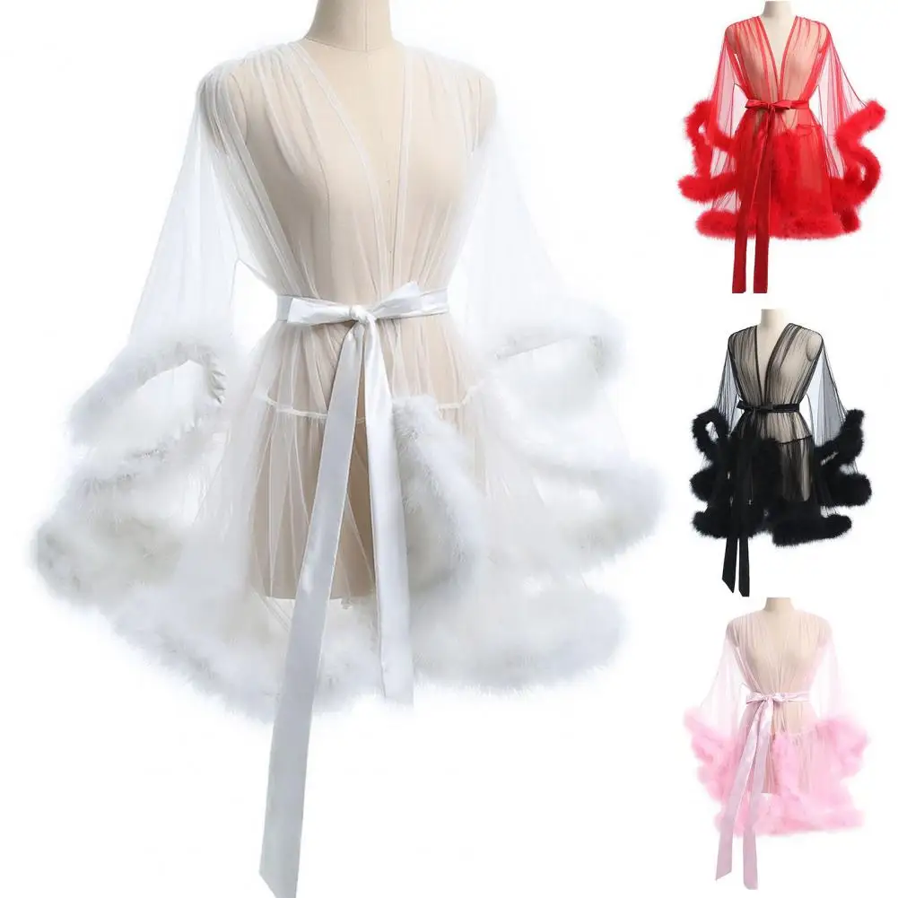 Waist-tie Women Sleepwear Mesh Ruffle Nightgown