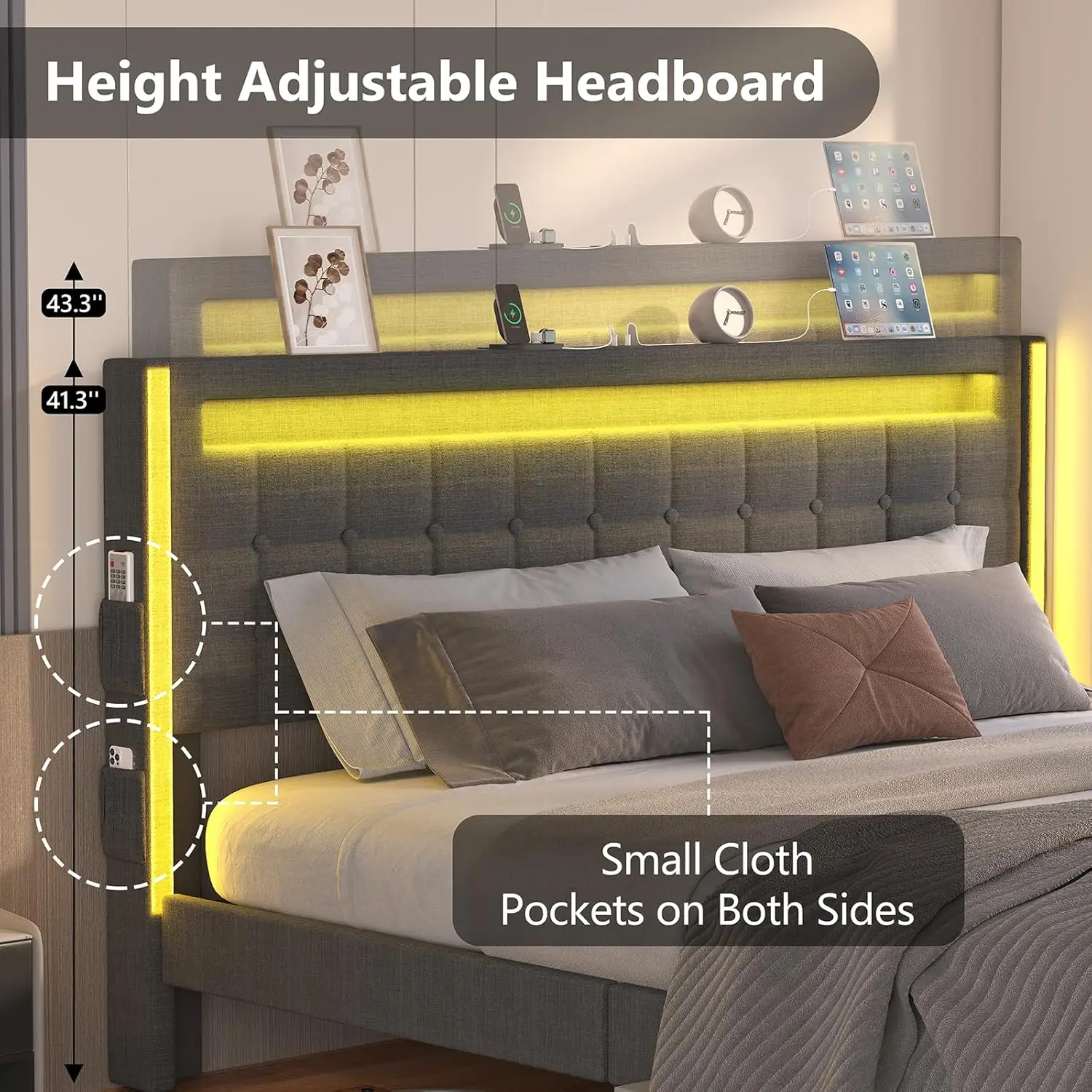 Queen Bed Frame with Adjustable Headboard & LED Lights, Upholstered Platform Bed Frame Queen Size with Type-C, Dark Grey 5
