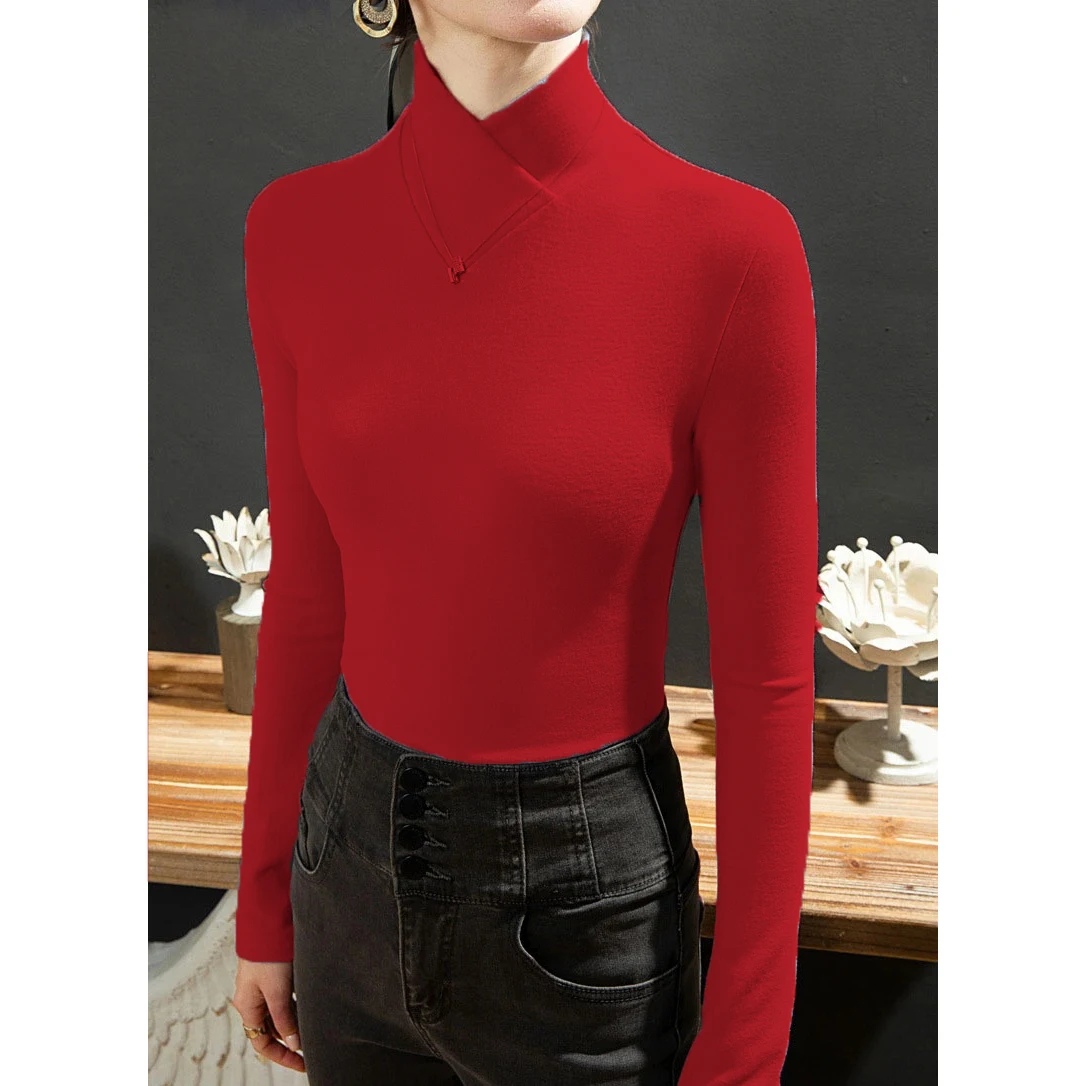 Sweet Elegance Spring Winter Fleecing Thick Velvet Basic Tops Half High Collar Shirt And Blouse Long Sleeve T-shirt for Women