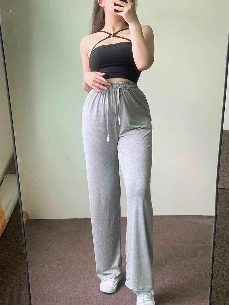 Women Spring Summer Thin Modal Wide Leg Pants Elastic Drawstring Stretch Drape Gray High Waist Casual Pants Dance Fitness Pants