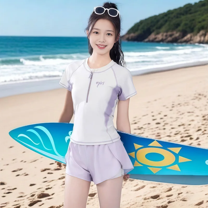 여름 신상품 여아 수영복 2톤 핑크와 퍼플 색상의 발달기 청소년을 위한 2피스 스포츠 수영복