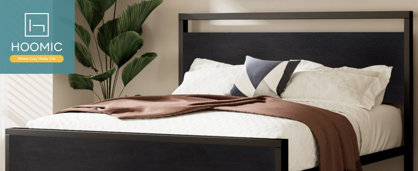 HOOMIC Platform Bed Frame with Rustic Wooden Headboard and Footboard, Heavy Duty 12 Metal Slats Strong Support Allewie