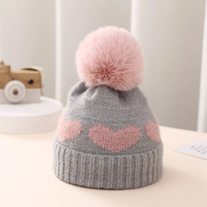 Baby Girls Beanie Hat Infant Heart Pattern Plush Pom Knit Winter Warm Hat for Newborn Toddler Kids Cap