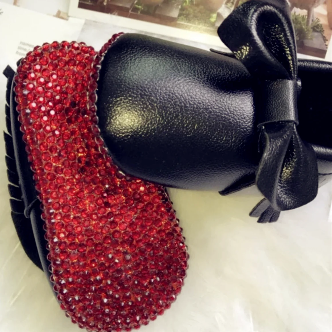 Baby Shoes Girls Ballet Dress Shoes Toddler Bling Red Crystal Sole Sparkling Rhinestones Leather Moccasins