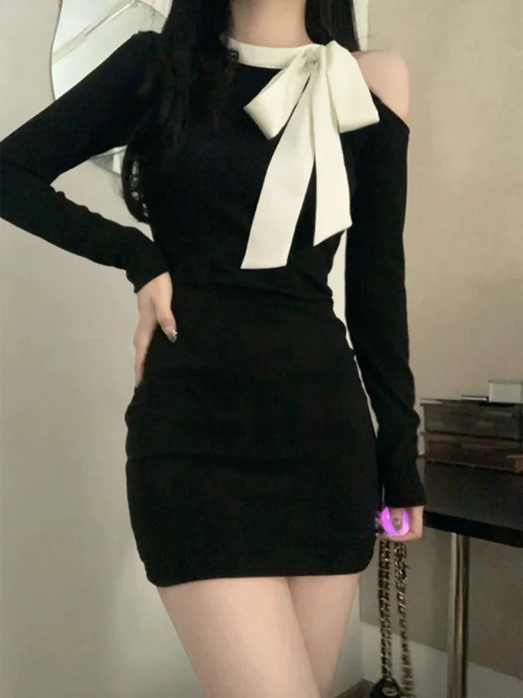 

Black New Vestidos 2023 Off Shoulder Bodycon Mini Dress Women Sexy Wrap Slim Short Dresses Evening Party Korean Fashion Kpop Bow