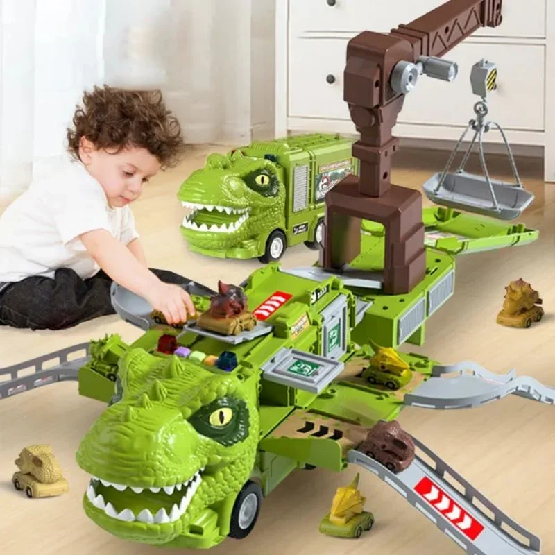 

New Dinosaur Transforming Engineering Truck Track Toy Set DIY Track Container Dinosaur Truck Toys for Kids Gift