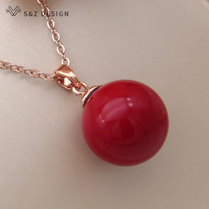 S&Z DESIGN New Fashion 585 Rose Gold Color Round Simulated-pearl Pendant Necklace For Women Wedding Party Jewelry Fine Gift