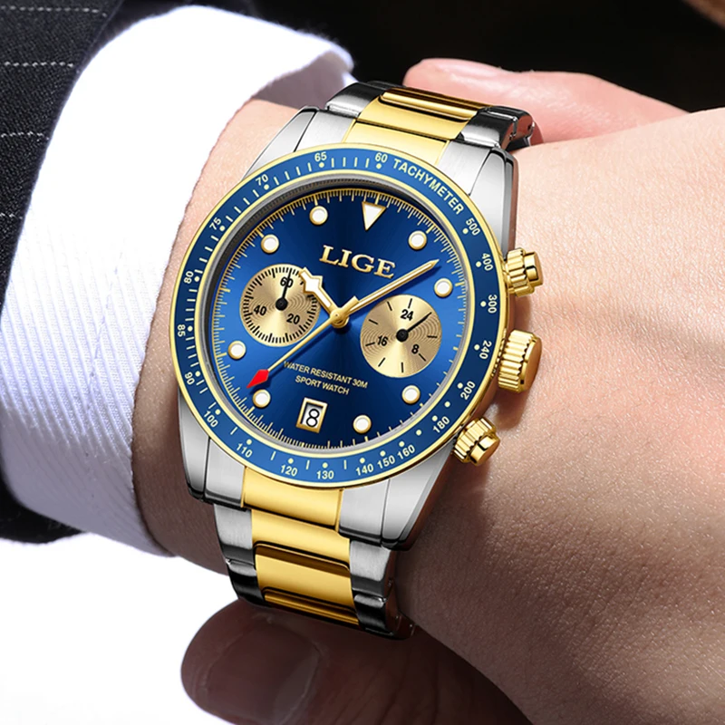 LIGE Top Brand Luxury Military Watch Men Fashion Sport Men Watch Business Full Steel Waterproof Chronograph Quartz Wristwatches