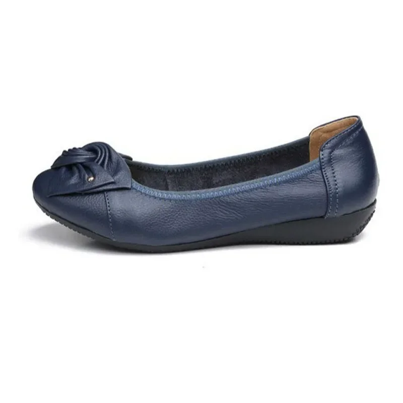 TIMETANG Plus Size Spring Autumn Genuine Leather Women Flats Work Classi Fashion Bowknot Female Casual Ballet Shoes