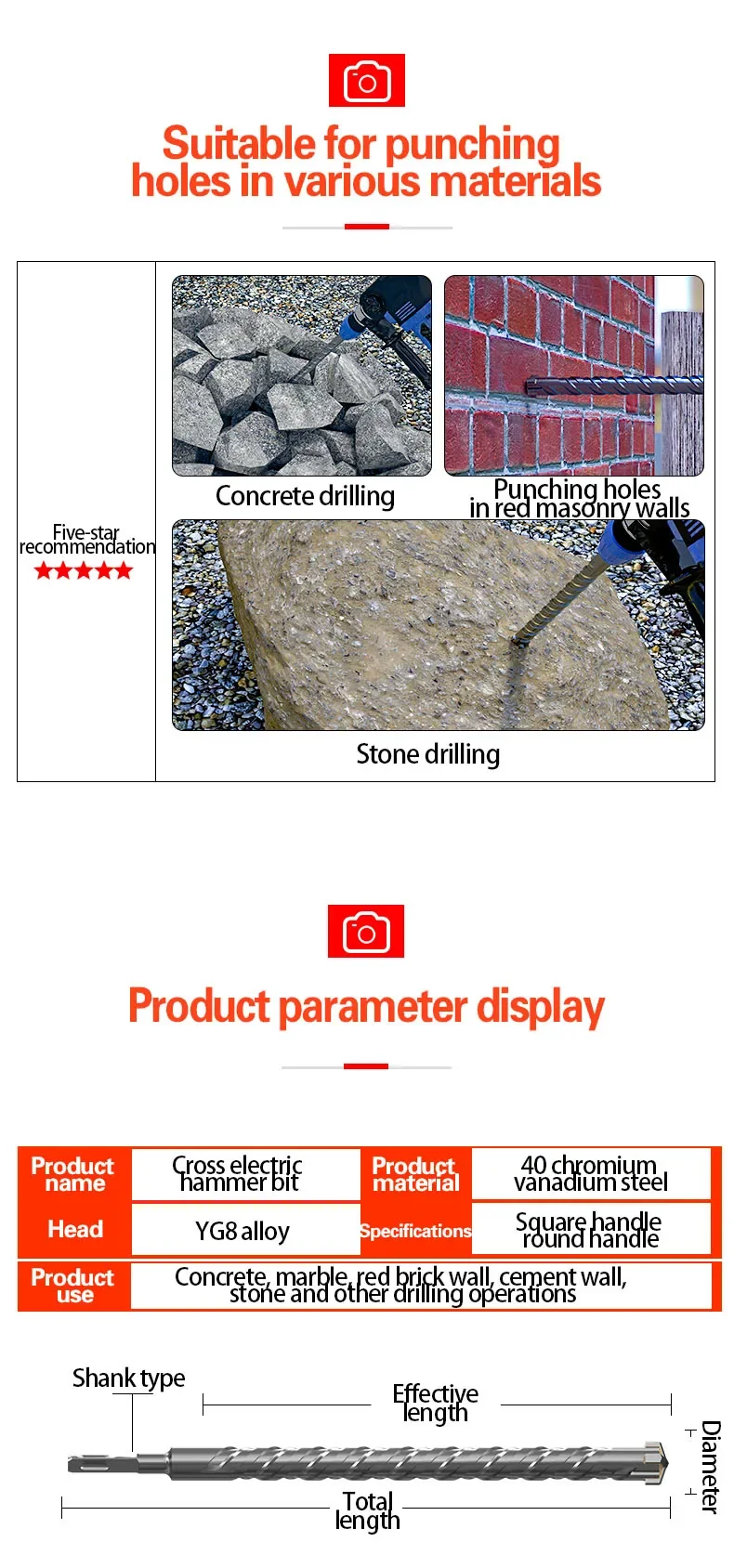 Concrete SDS Plus Drill Bit Mason Cross Tips 4 Cutters for Concrete 500mm Wall Brick Block Electric Hammer Masonry Drilling Bits