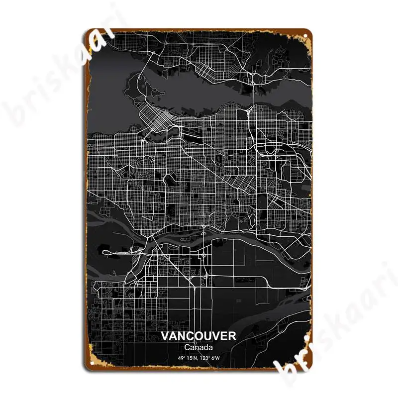 Vancouver City Map Black Metal Sign Poster Vintage Murale Club Home Tin Sign Poster