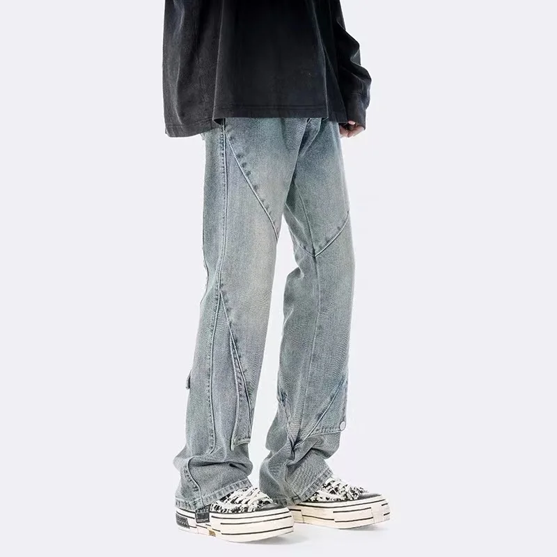 High Street Jeans Men's Summer Fashion Hip Hop Y2K Button Trend Black Pants Slim Loose Straight Work Pants