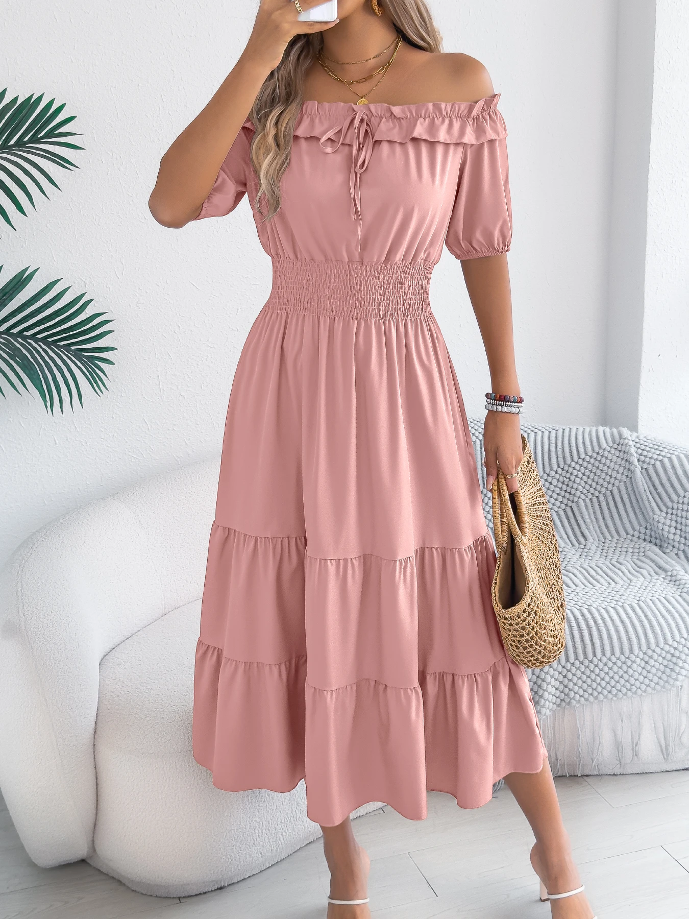 Pink Off Shoulder Midi Dress for Women