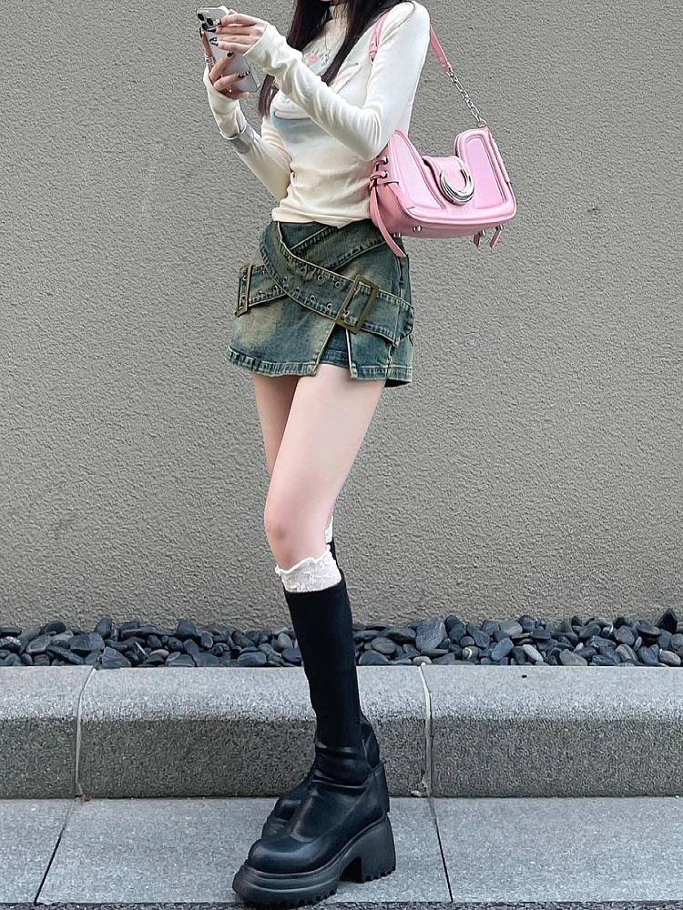 여성용 하라주쿠 미니 디자인 진 스커트, 벨트 핫 스커트 클럽웨어, A 라인 Gyaru 데님 스커트, 2000 년대 미학 그런지 Y2k 고블린 
