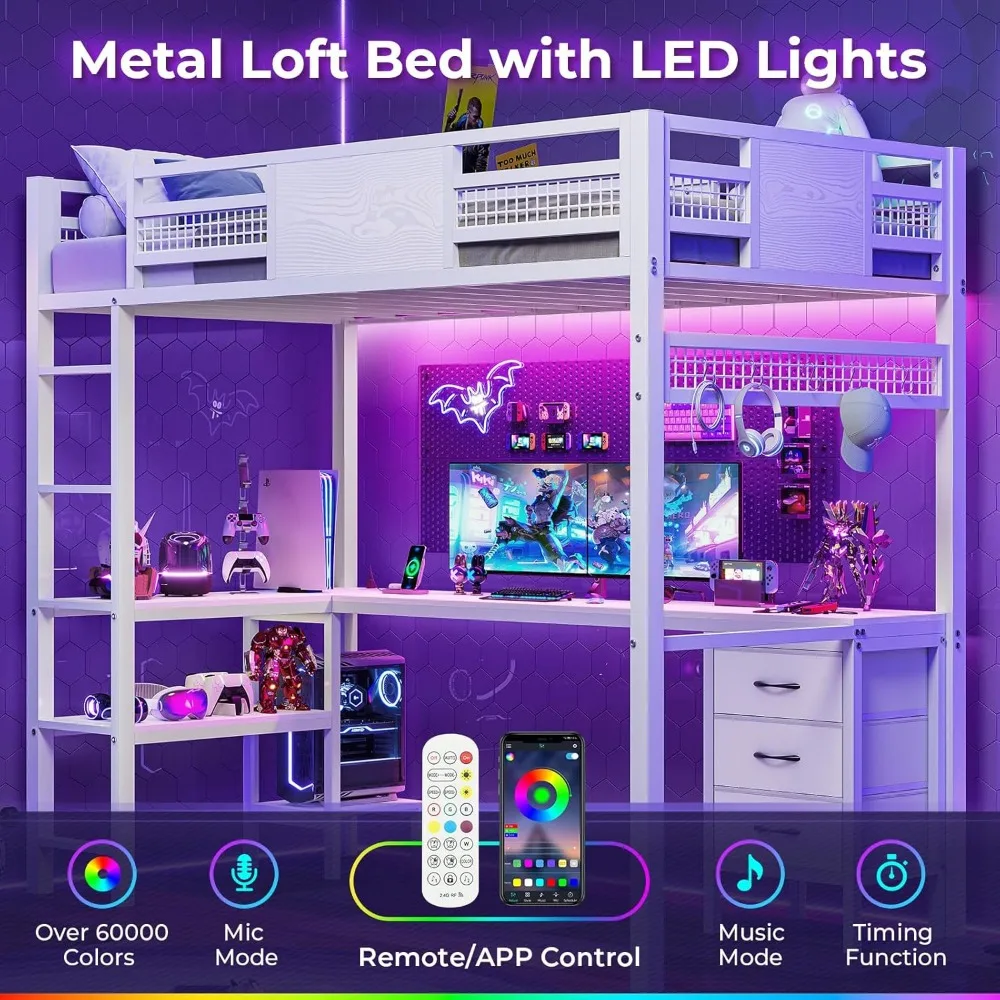 Loft Bed Twin Size with L-Shaped Desk, LED Lights,Charging Station, Twin Metal Loft Bed Frame with Fabric Drawers & Shelve 3