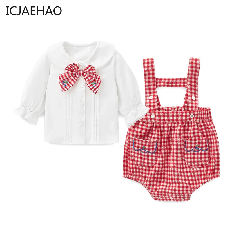 

ICJAEHAO 2Pcs Baby Floral Rompers Set Toddler Girls 1st Birthday Party Outfits Infant Red Plaid Bib Pants Newborn Dress For Baby