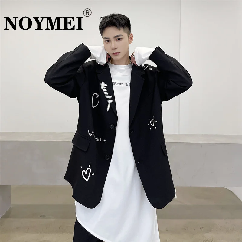 

NOYMEI Spring New Personalized Printed High Street Suit Korean Fashion Single Breasted Black Turn-down Collar Men's Blazer WA490