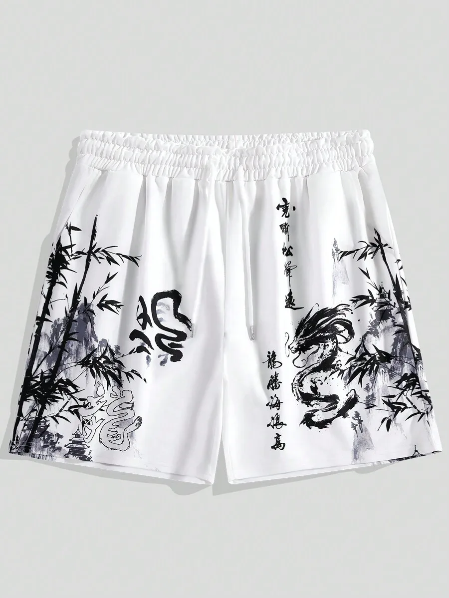 New men's summer shorts loose and luxurious shorts 3D printed casual bamboo forest dragon print Harajuku ancient style shorts — view 3