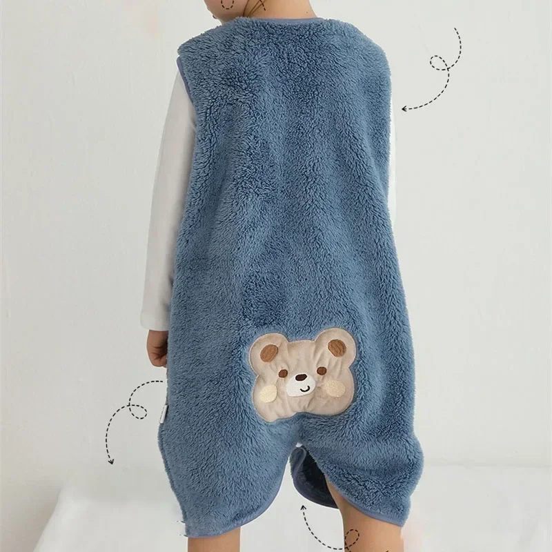 Kids Pajamas Children Warm Sleeveless Coral Fleece Winter Anti Kick Quilt Cute Cartoon Boys Girls Crawling Suit