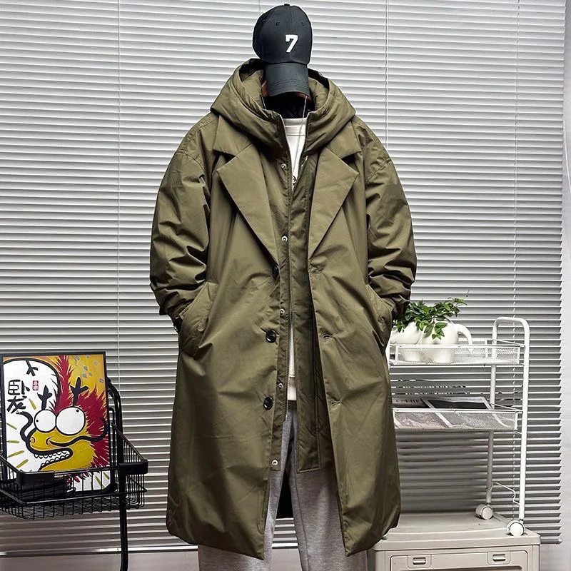 Mid-Length Men's Coat Winter Hooded New Two Pieces Korean Style Windbreaker Warm Thicken Cotton 2