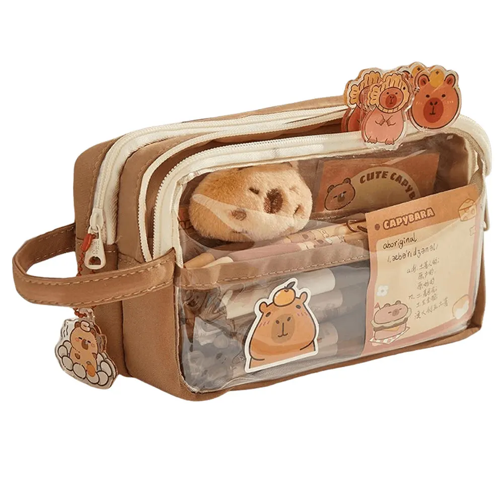 Capybara Kawaii Pencil Case with Compartments Pencil Pouch with Sticker Pendant Stationary Bag for Office School