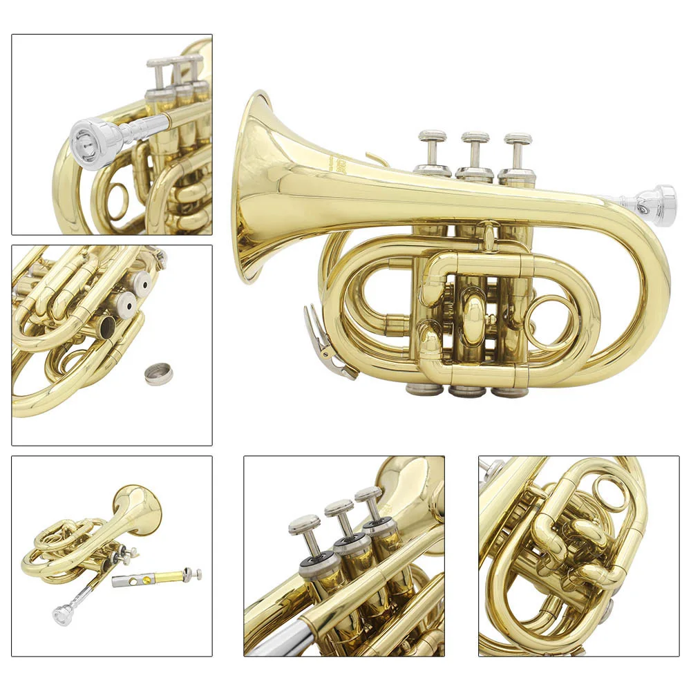 Mini Pocket Trumpet Bb Flat Brass Wind Instrument with Mouthpiece Gloves Cleaning Cloth Carrying Case Brass Trumpet Instrument
