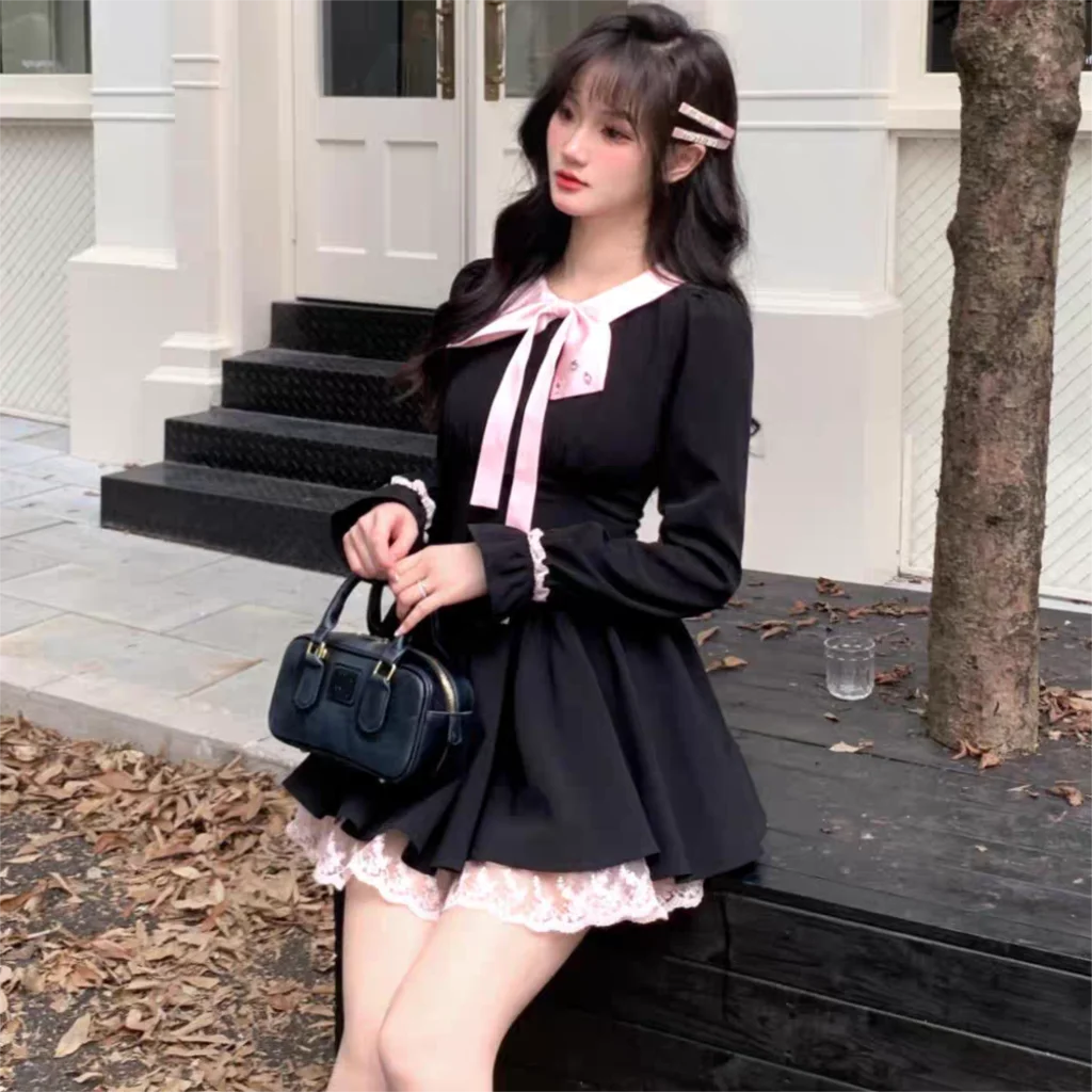 Y2K Black Short Dresses for Women Lace Ruffles Patchwork Long Sleeve A-line Princess Party Dress Korean One Piece Vestido New