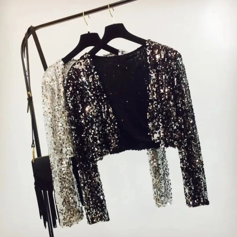 

Женская короткая куртка с блестками, облегающий Кардиган с длинным рукавом, весна-осень 2022