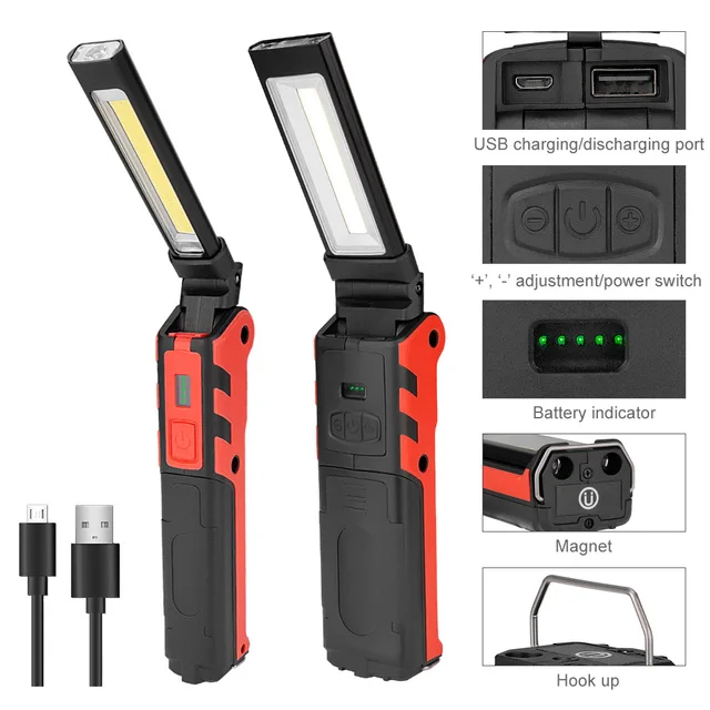 COB LED Work Light Dimmable USB Rechargeable LED Flashlight Inspection Lamp With Magnetic Hook Power Bank 18650 Battery Torch 1
