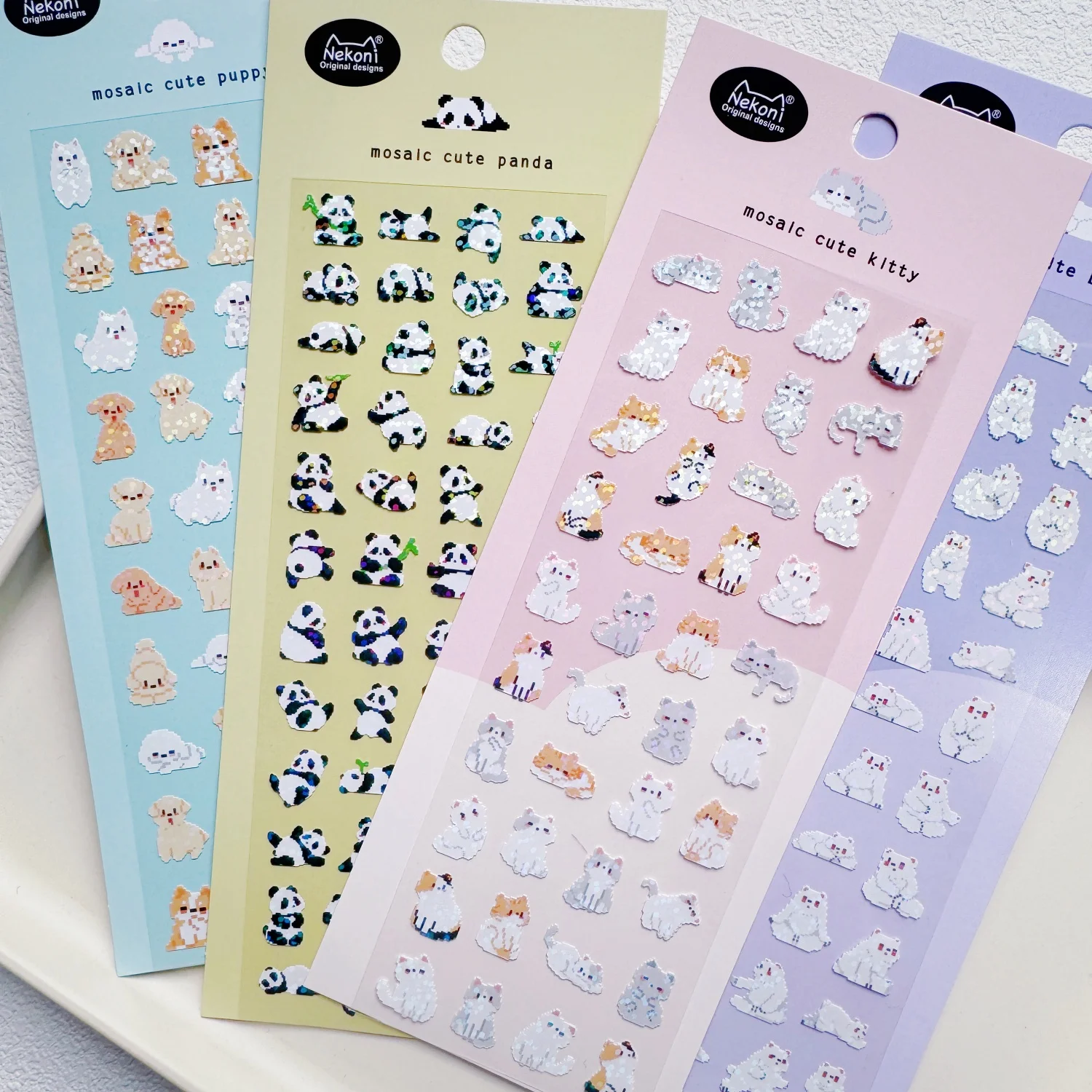 NEKONI 재미있는 레이저 동물 팬더 곰 모자이크 스티커 스크랩북 DIY 저널링 문구 일기 귀여운 스티커 학교 용품