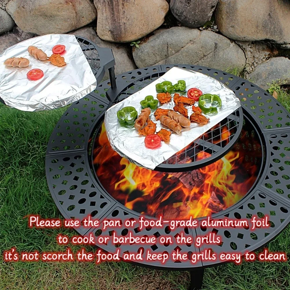 36 Inch Fire Pit with 2 Grills, Wood Burning Fire Pits for Outside with Lid, Poker and Round Waterproof Cover, BBQ& Outdoor Fire 3