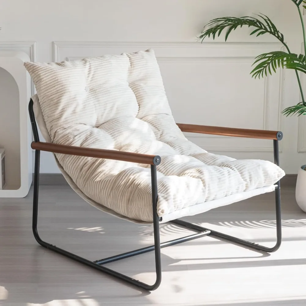 Modern Accent Chair, Comfy Living Room Chair with Metal Frame Wooden Armrest, Upholstered Armchair with Soft Cushion for Bedroo 1