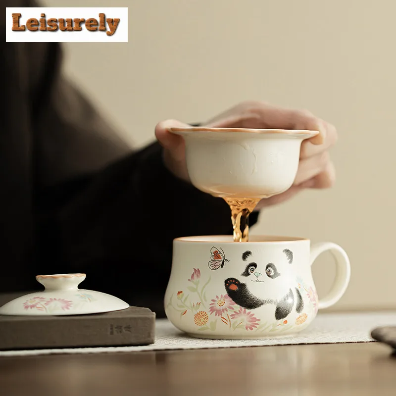 180ml Cream Ding Kiln Panda Play Butterfly Filter Tea Separator Cup Elegant Tea Mug With Infuser Tea Maker Office Water Cup Gift