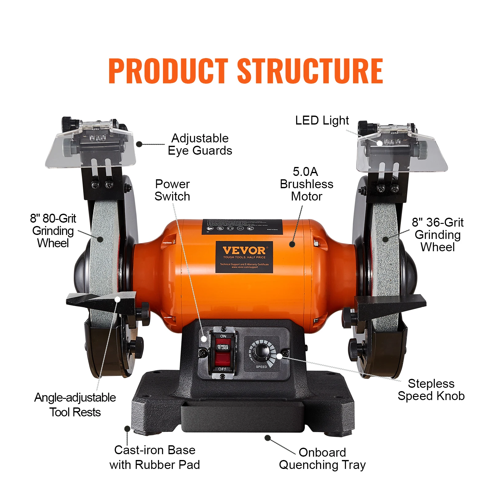 VEVOR 8 Inch Bench Grinder Variable Speed Multifunctional Polishing Grinding Machine Power Disc Polishing Tools for Household