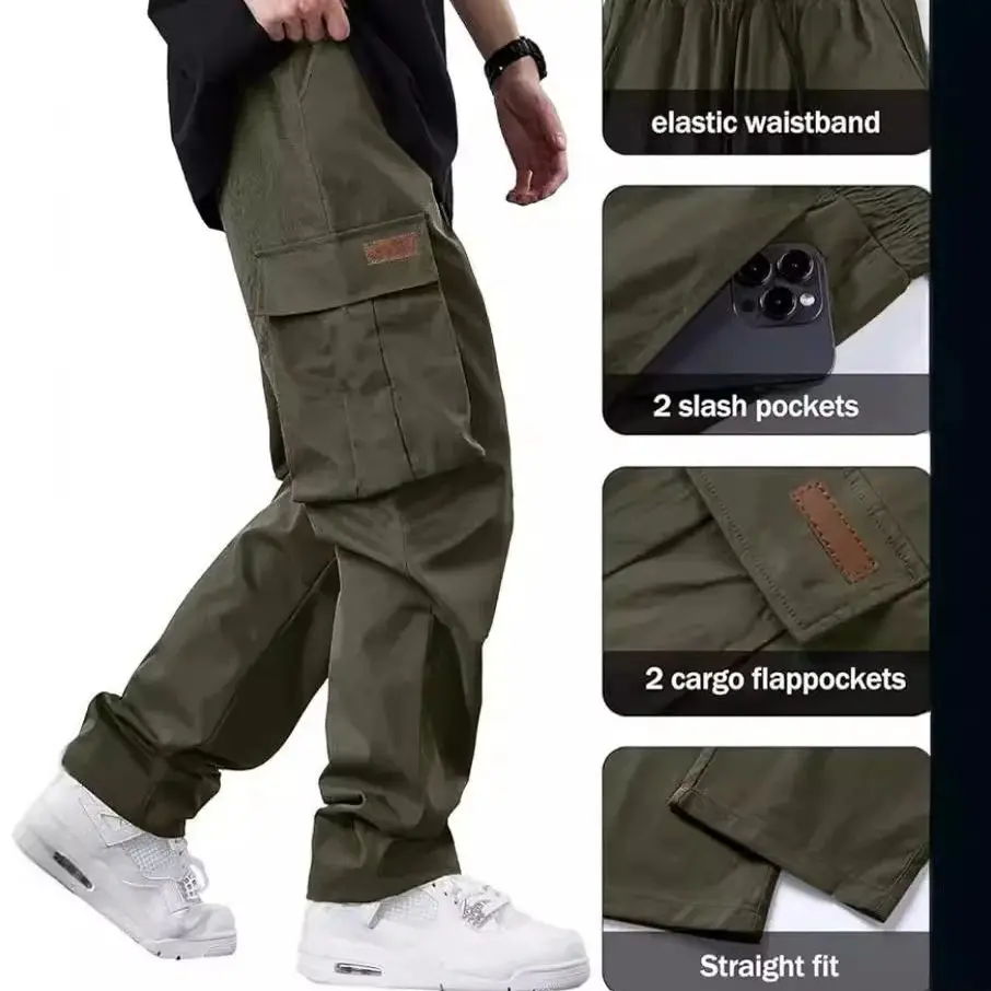 2024 Men's Summer New Workwear Pants Solid Color Drawstring Multi Pocket Straight Leg Pants Youth Casual Straight Leg Pants