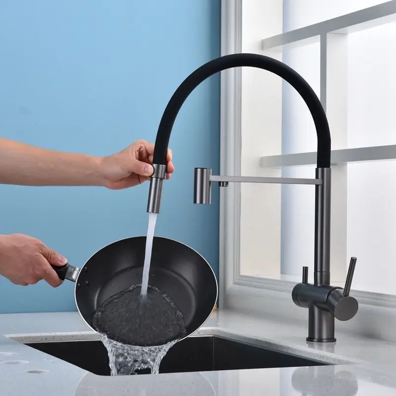 

Filtered Kitchen Faucets Dual Spout Filter Faucet Pull Out Spray 360 Rotation Water Purification Water Taps 3 Ways Sink Mixer