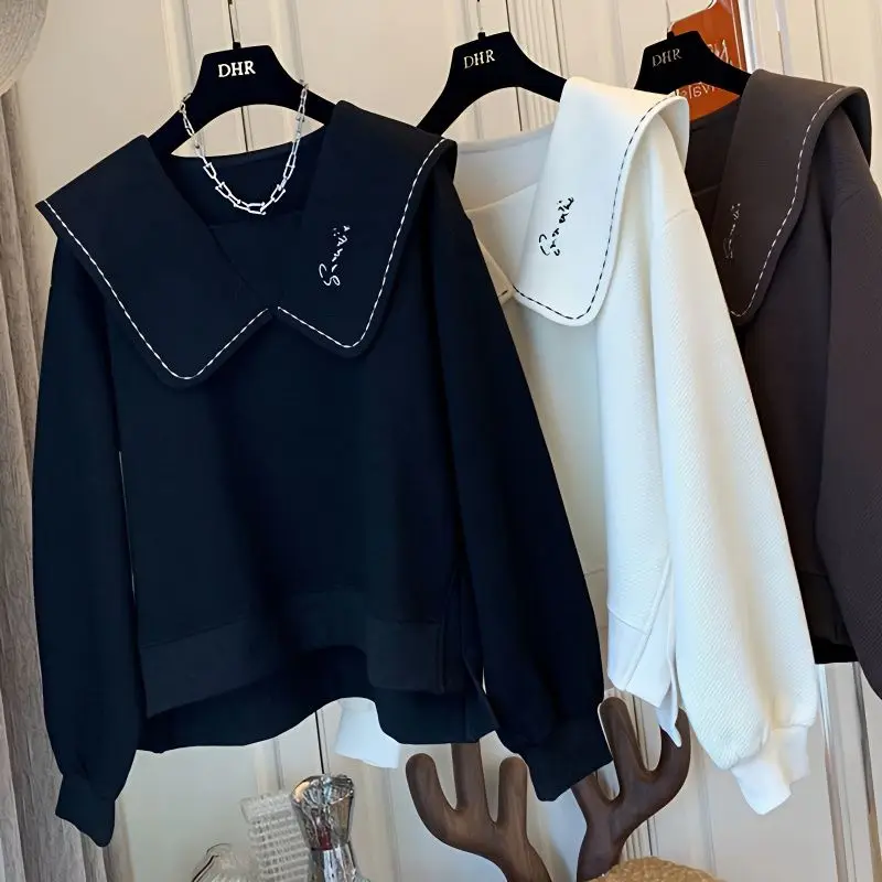 Spring Autumn New Solid Color Fashion Doll Collar Sweatshirts Women High Street Casual Embroidered Pullovers Youth All-match Top